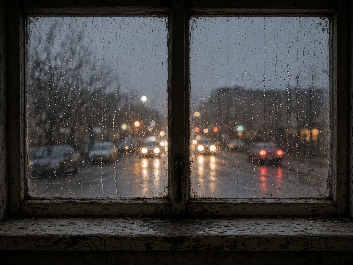 Rain, dust and traffic at an old window